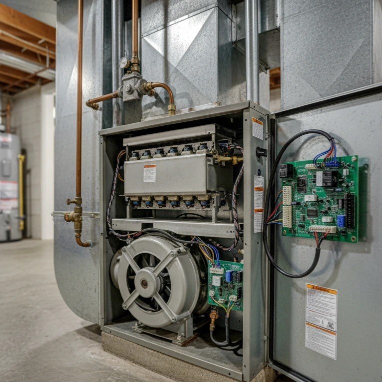 Technician responding to emergency furnace repair.