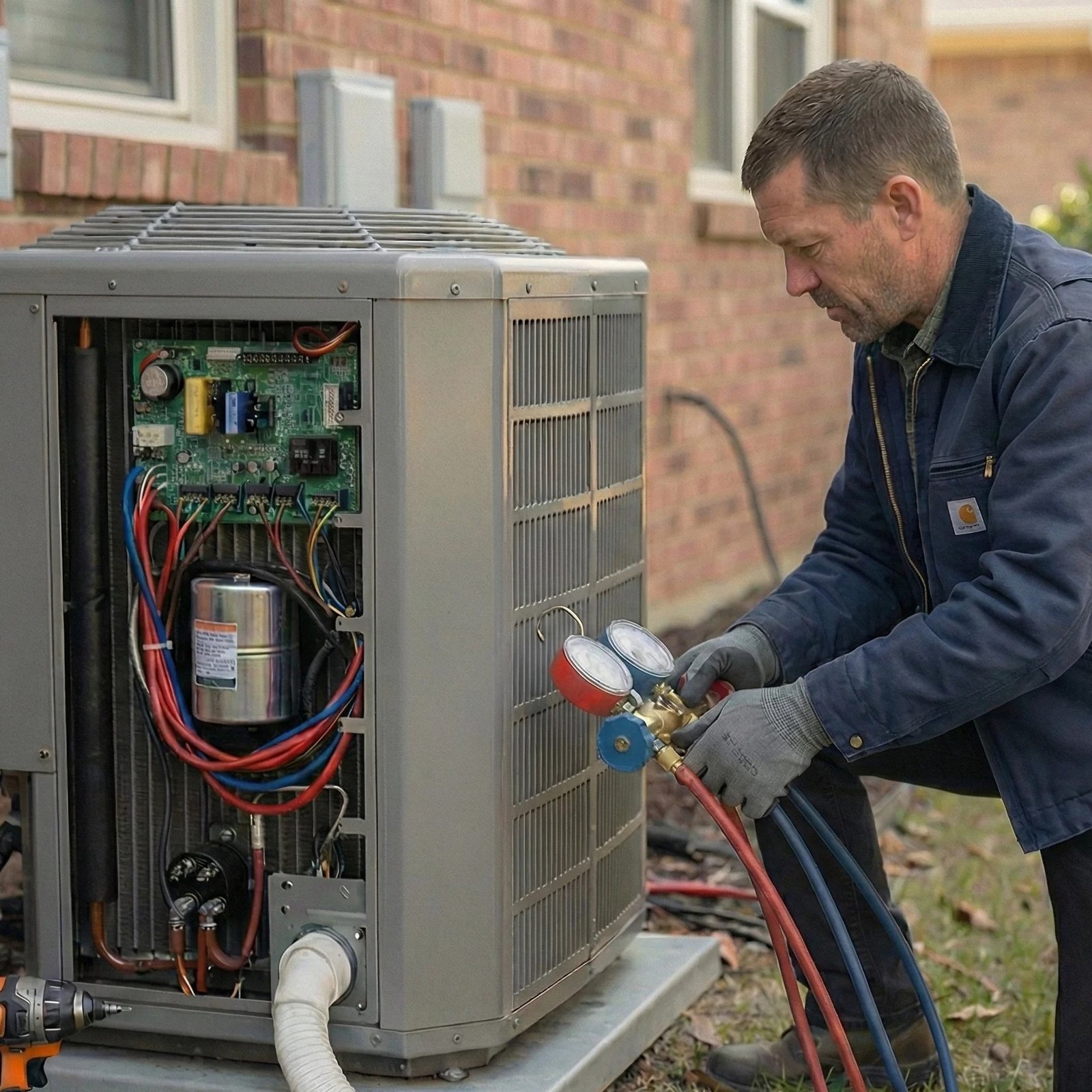 Air Dynamics of Tulsa technician diagnosing an HVAC issue during a service call.