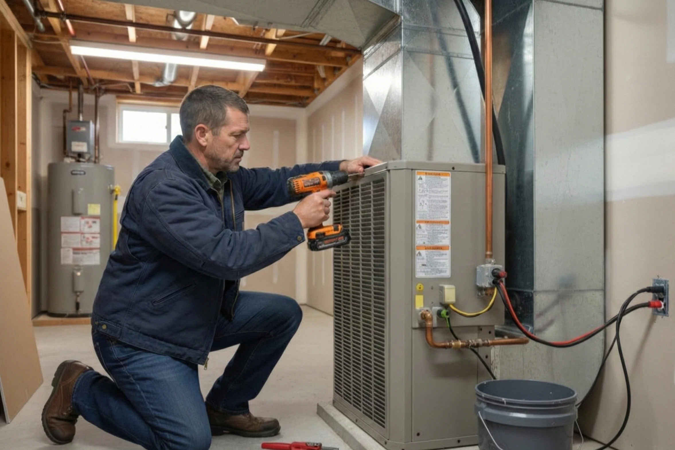 HVAC technician checking an outdoor AC system.