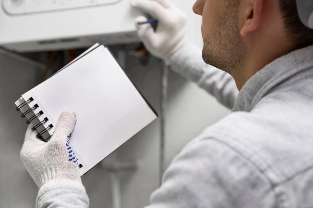 A technician wearing gloves and taking notes during a boiler inspection